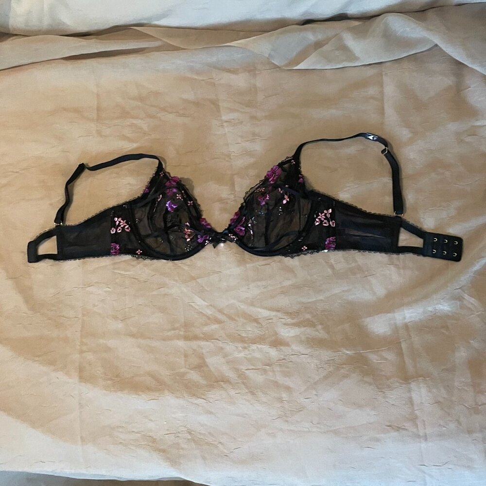 Victoria's Secret Black Embroidered Purple and Pink Accent Low Cut Demi